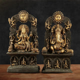 Antique brass Chola Lakshmi–Ganesh idol with seated figures and ornate base