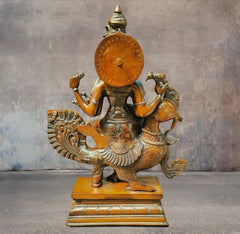 Brass Saraswati Maa Chola statue back view with round shield medallion and seated fish