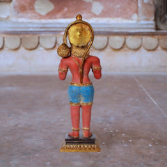 Brass Hanumanji idol back view with golden halo, red body and blue waist cloth