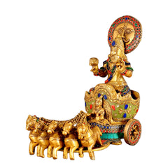 Brass Surya Rath idol with stonework, side view of seated deity and decorated horses base