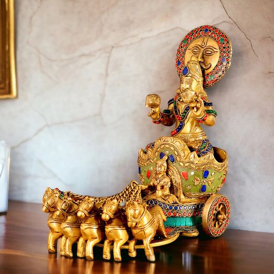 Brass Surya Rath with Stone Work idol (Height : 12 inches)