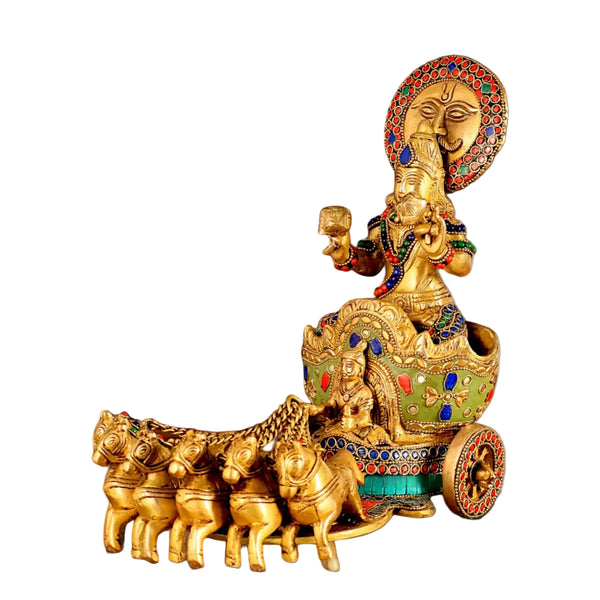 Brass Surya Rath with Stone Work idol (Height : 12 inches) Entryway Setting