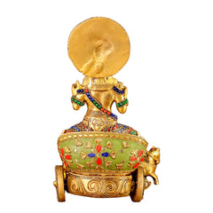 Brass Surya Rath idol with stone inlay, back view with circular halo and decorated back panel