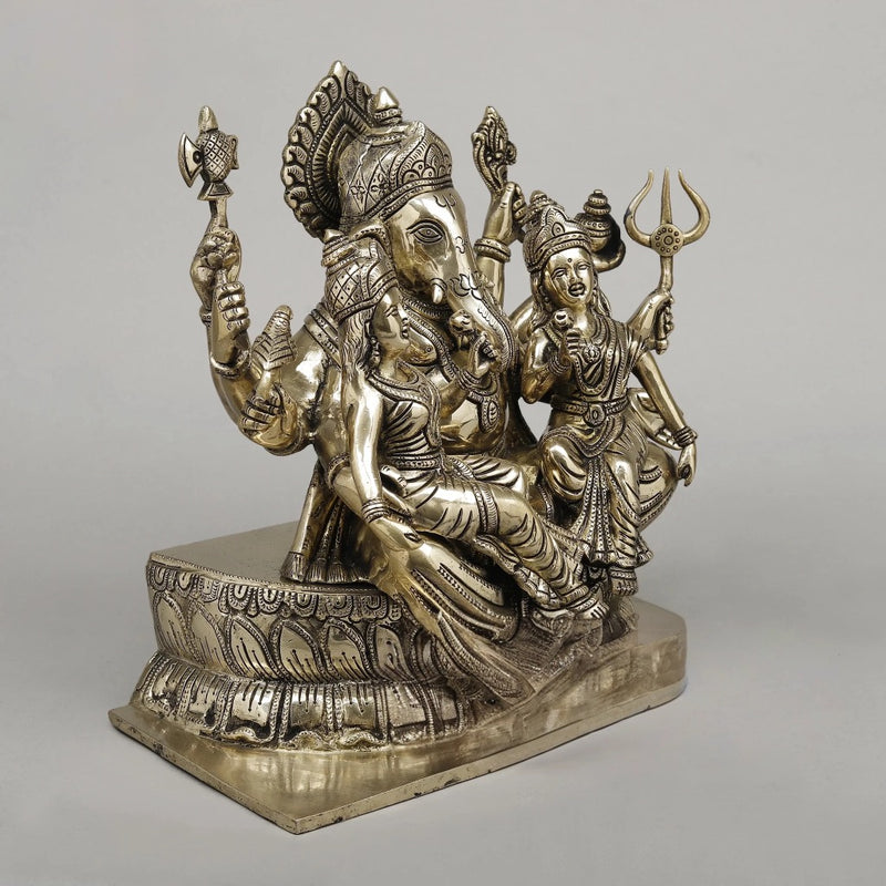 Brass Ganesh with Riddhi Siddhi Seated on Lotus Idol (Height: 13 Inches)