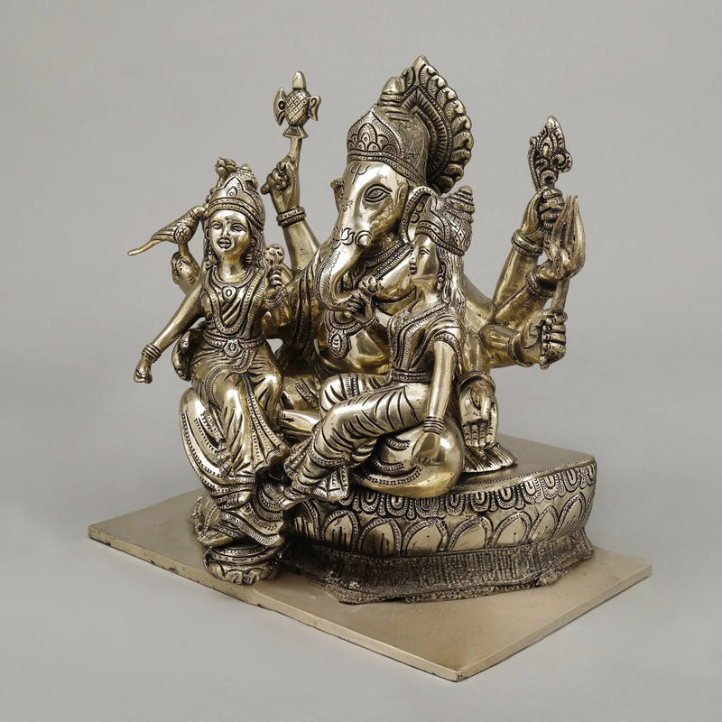 Brass Ganesh with Riddhi Siddhi Seated on Lotus Idol (Height: 13 Inches)