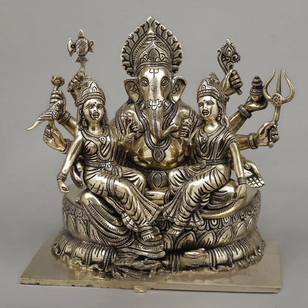 Brass Ganesh idol on lotus with Riddhi and Siddhi figures, 13 in