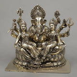 Brass Ganesh idol on lotus with Riddhi and Siddhi figures, 13 in
