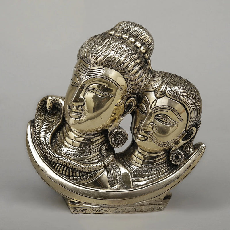 Brass Shiva Parvati Face On Moon Idol (Height: 9.5 Inches)