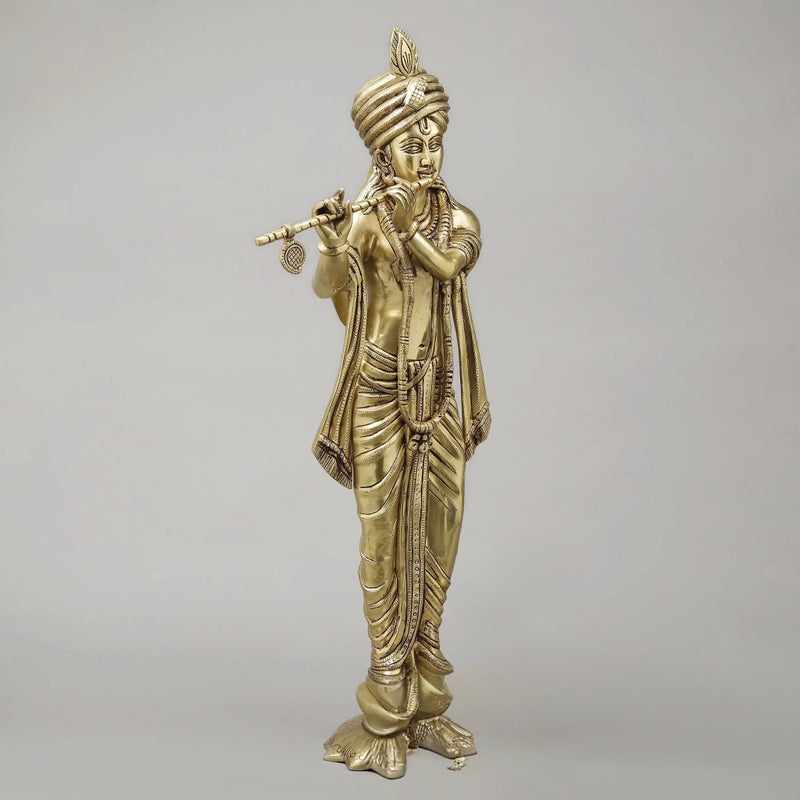 Brass Mathura Krishna Plating Flute Sculpture (Height: 30 Inches)