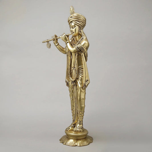 Brass Mathura Krishna Plating Flute Sculpture (Height: 30 Inches)