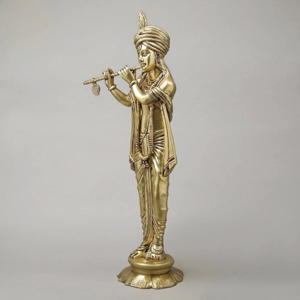Brass Mathura Krishna Plating Flute Sculpture (Height: 30 Inches) Entryway Setting