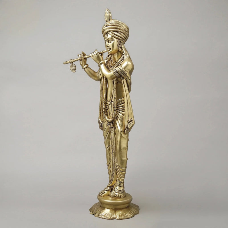 Brass Mathura Krishna Plating Flute Sculpture (Height: 30 Inches)