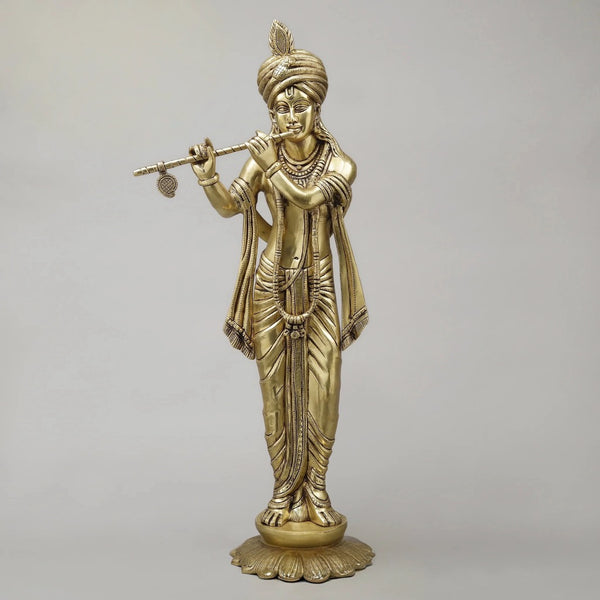 Brass Mathura Krishna Plating Flute Sculpture (Height: 30 Inches)