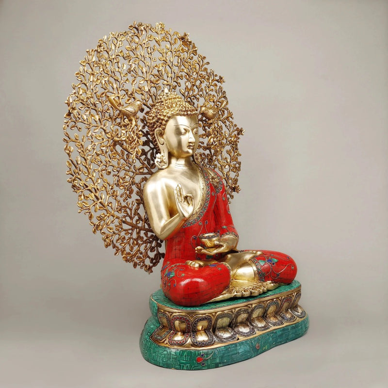 Brass Buddha seating With Tree Statue (Height: 29 Inches)