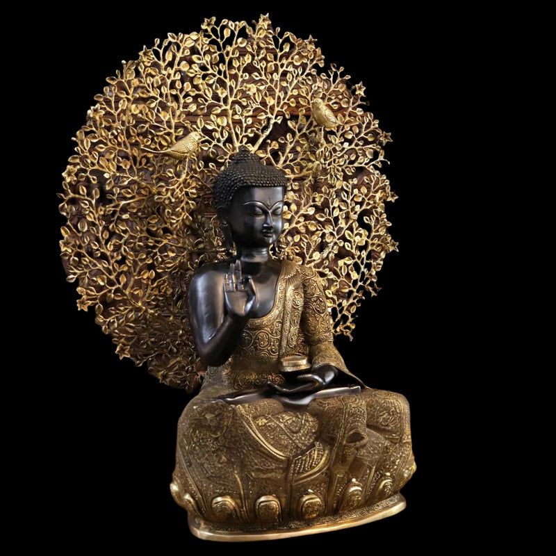 Brass Black Buddha seating With Tree Statue (Height: 30 Inches)