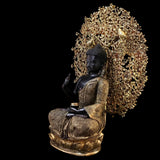 Buddha-Sitzstatue in Schwarz und Messing mit Meditationshaltung und Baum-Krone