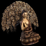 Brass seated Buddha statue with Tree of Life backdrop, meditating posture, ornate base