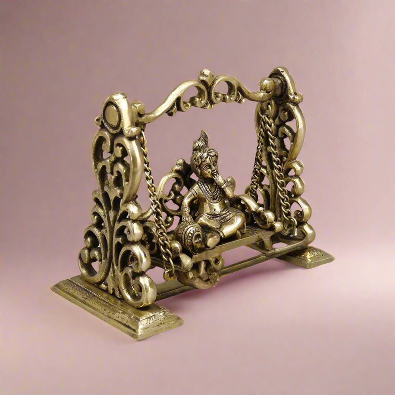 Brass Baby Krishna on Swing Sculpture (Height: 8 Inches)