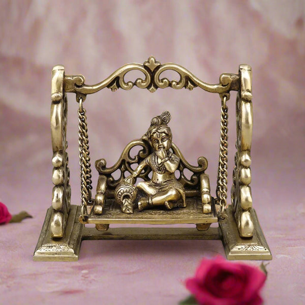 Brass Baby Krishna on Swing Sculpture (Height: 8 Inches)