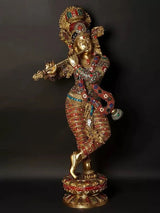 Brass standing Krishna playing flute figurine, jeweled red-blue attire, 46 in