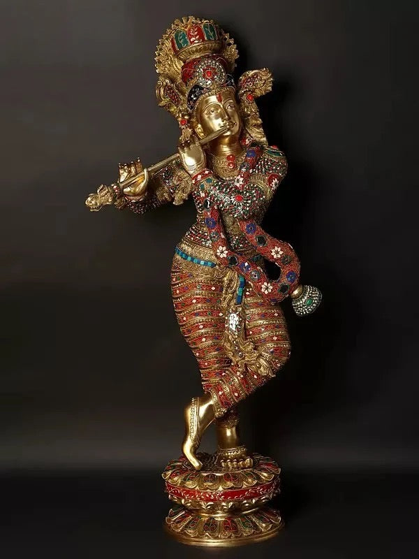 Brass standing Krishna playing flute figurine, jeweled red-blue attire, 46 in