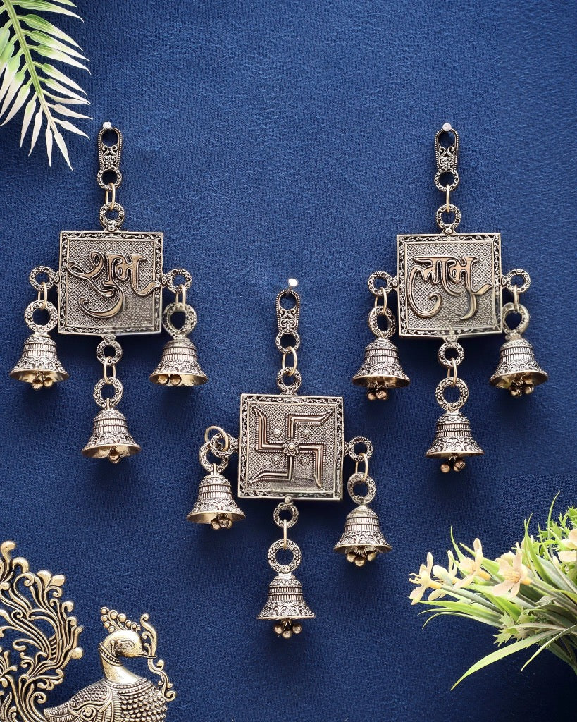 Pure Brass Om, Shubh Labh Wall Hanging Set (Height: 6.5 Inches)