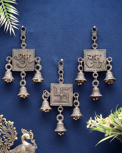 Pure brass OM and Shubh Labh wall hanging set with hanging bells and square motifs