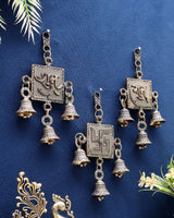 Brass wall hanging set featuring OM and Shubh Labh squares with 6 dangling bell charms