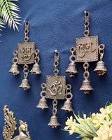 Pure brass decorative wall hanging set: three engraved squares with OM and Shubh Labh bells