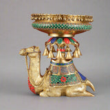 Pure Brass Urli on camel’s back figurine with decorated tray and hanging bells