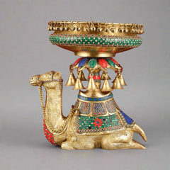 Pure Brass Urli on camel’s back figurine with decorated tray and hanging bells