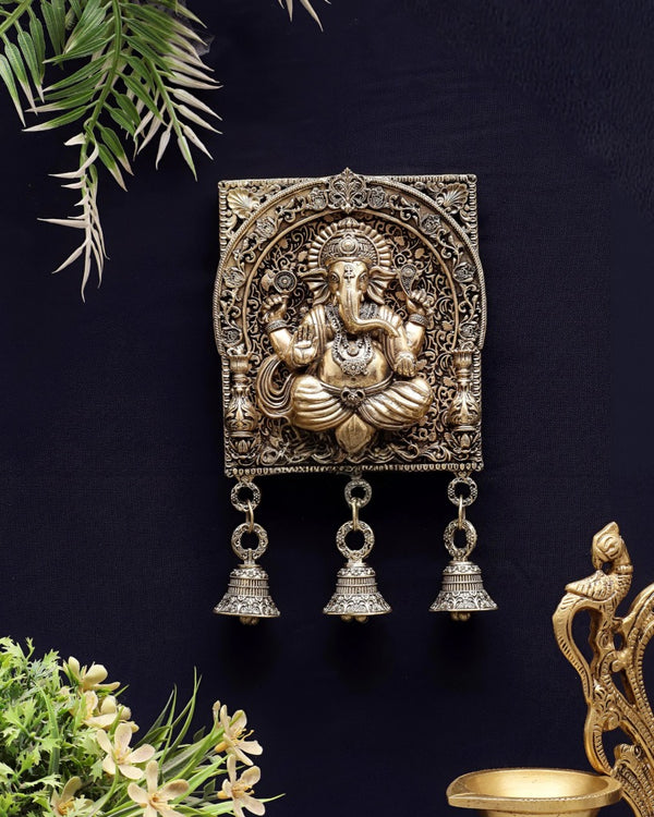 Superfine Brass Ganesh Square Frame Wall Hanging (Height: 7 Inches)