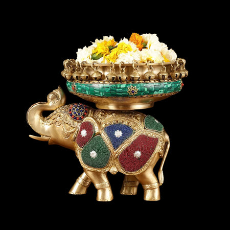 Pure Brass Large Elephant Urli (Height: 9.5 Inch)
