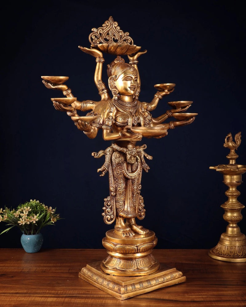 Brass Deep Lady with Ten arms (Height: 27 Inches)