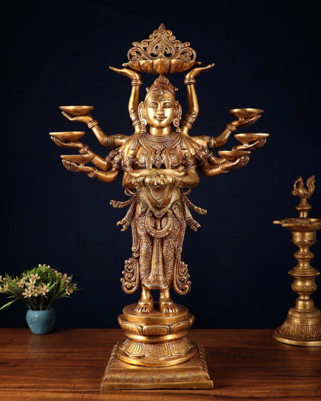 Brass Deep Lady with Ten arms (Height: 27 Inches)