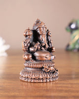 Pure copper Lord Ganesha idol from back, seated form with ornate pedestal, 2 inch
