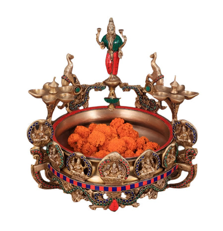 Ashtalakshmi Brass Urli with Diyas (Height: 16 Inches)