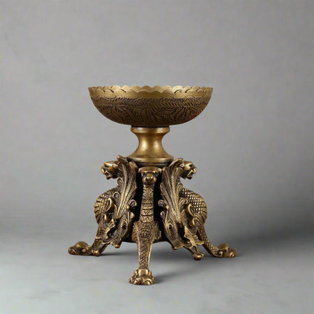 Brass Multi-Purpose Bowl with Yali Lion Stand (Height:8 Inches)