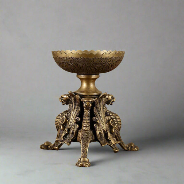 Brass Multi-Purpose Bowl with Yali Lion Stand (Height:8 Inches)