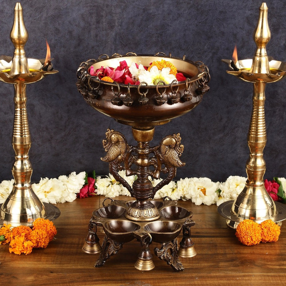Pure Brass Urli with Stand Diyas (Height:13 Inches)