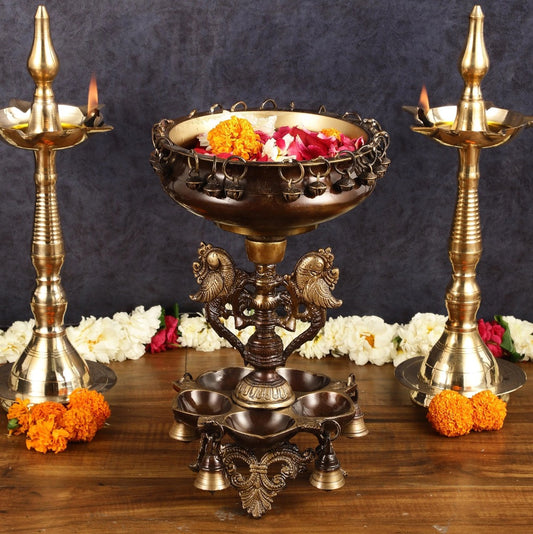 Pure Brass Urli with Stand Diyas (Height:13 Inches)