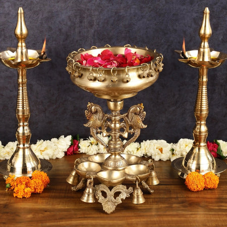 Pure Brass Urli with Stand Diyas (Height:13 Inches)