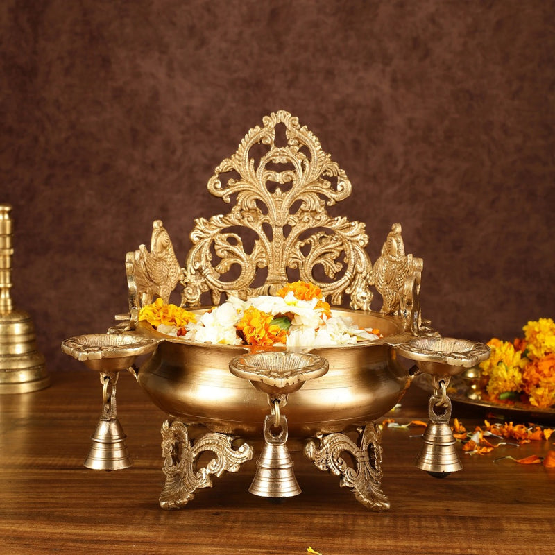 Pure Brass Urli with Stand Diyas (Height:13 Inches)