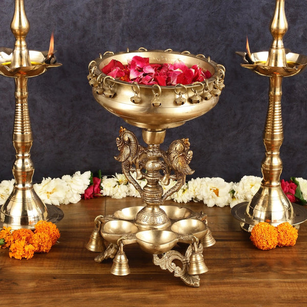 Pure Brass Urli with Stand Diyas (Height:13 Inches) Entryway Setting