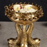 Brass bowl with chain-beaded rim and fish-leg base, white and red flowers inside