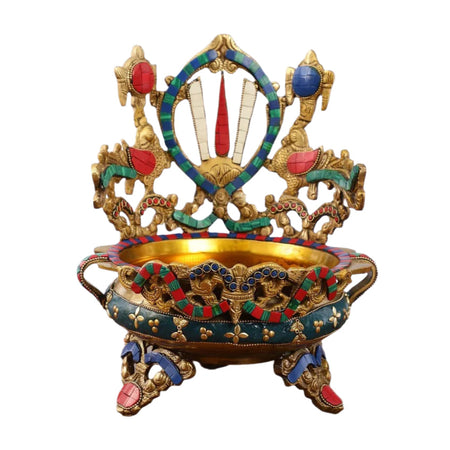 Brass Shankh Chakra Namah Urli Bowl (Height:11 Inches)