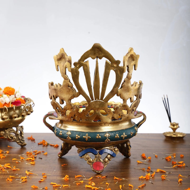 Brass Shankh Chakra Namah Urli Bowl (Height:11 Inches)