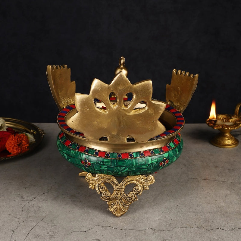 Brass Peacock Shaped Urli Bowl with Stand (Height:9 Inches)