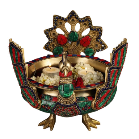 Brass Peacock Shaped Urli Bowl with Stand (Height:9 Inches)