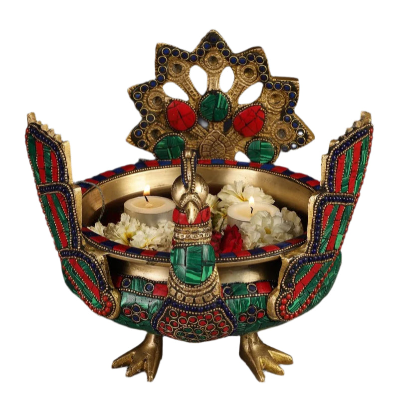 Brass Peacock Shaped Urli Bowl with Stand (Height:9 Inches)